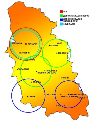 Зона вещания радио Псковской области (карта)